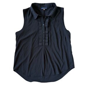 TOMMY HILFIGER black sleeveless 1/4 button ruffled front top size Large